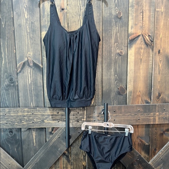 NWT Yonique Tankini Swim Suit L Black 2 Piece 2pc. Tummy Coverage Full Bottom - Picture 1 of 8